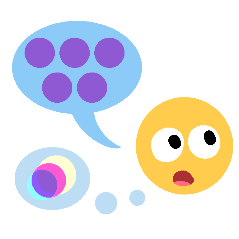 an emoji-yellow face saying a word repeatedly, represented by a speech bubble with five purple dots in it. a thought bubble shows that they're thinking about another purple dot, this one with a glitchy effect on it